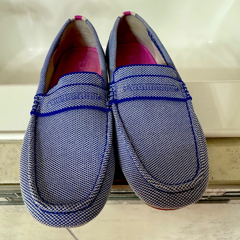Rothy's Navy & White Knit Penny Loafers With Pink Insoles